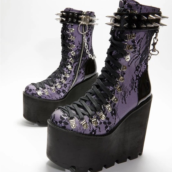 Dolls Kill Black and Purple Haunted Traitor Lace Boots - Picture 10 of 11